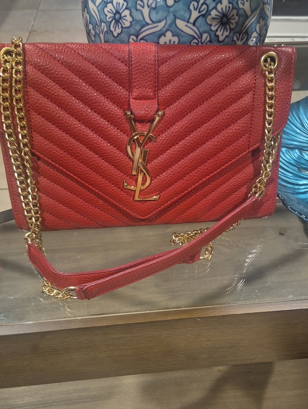 Saint Laurent Red Quilted Leather Chain Shoulder Bag